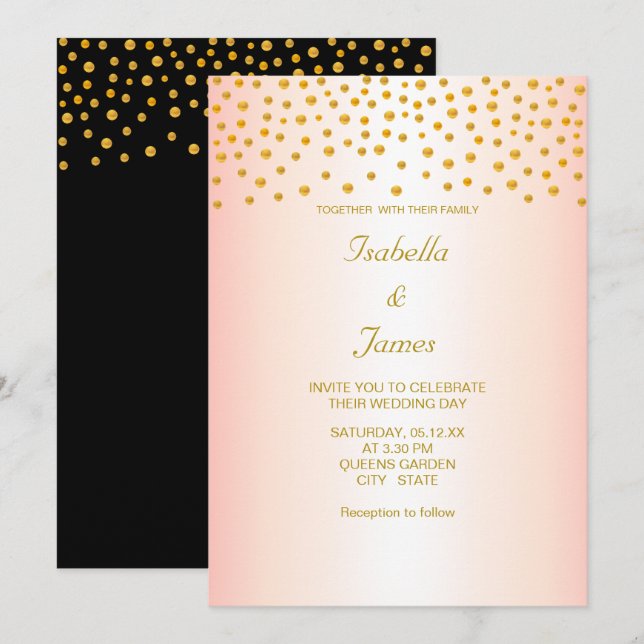 Invitation Confettis dorés élégants sur fond noir et or rose (Devant / Derrière)