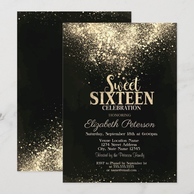 Invitation Confettis dorés élégants, Sweet 16 noir (Devant / Derrière)