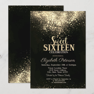 Invitation Confettis dorés élégants, Sweet 16 noir