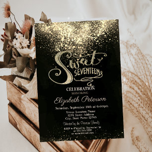 Invitation Confettis dorés élégants, Sweet 17 noir