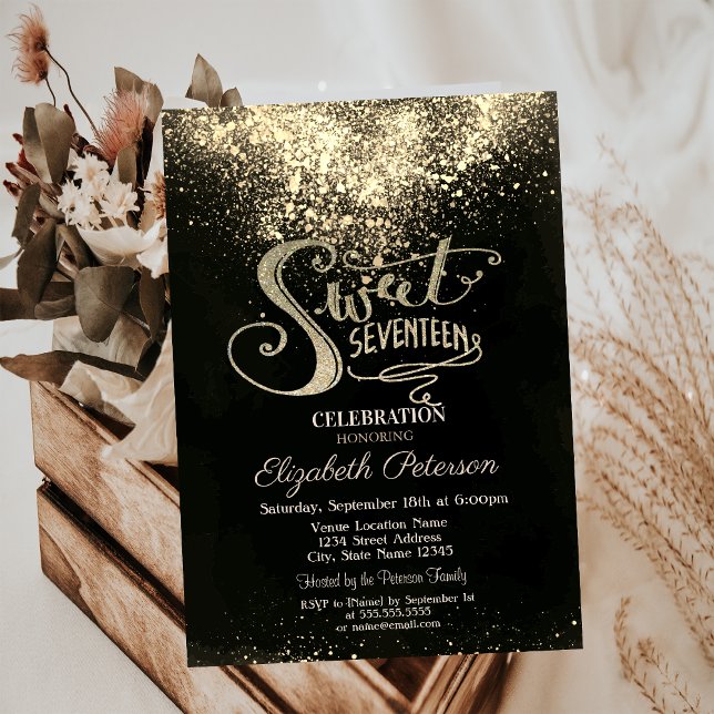 Invitation Confettis dorés élégants, Sweet 17 noir (Créateur téléchargé)