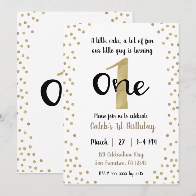 Invitation Confettis dorés en forme de points Numéro 1 UN 1er (Devant / Derrière)
