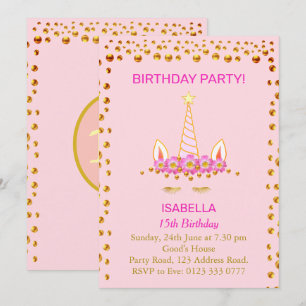 Invitation Confettis dorés et licorne sur un 15e anniversaire