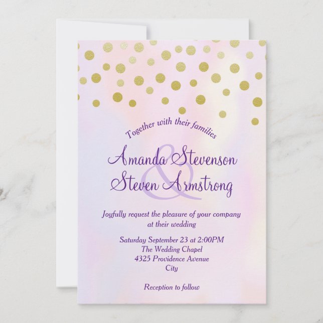 Invitation Confettis dorés faux sur mariage aquarelle violett (Devant)