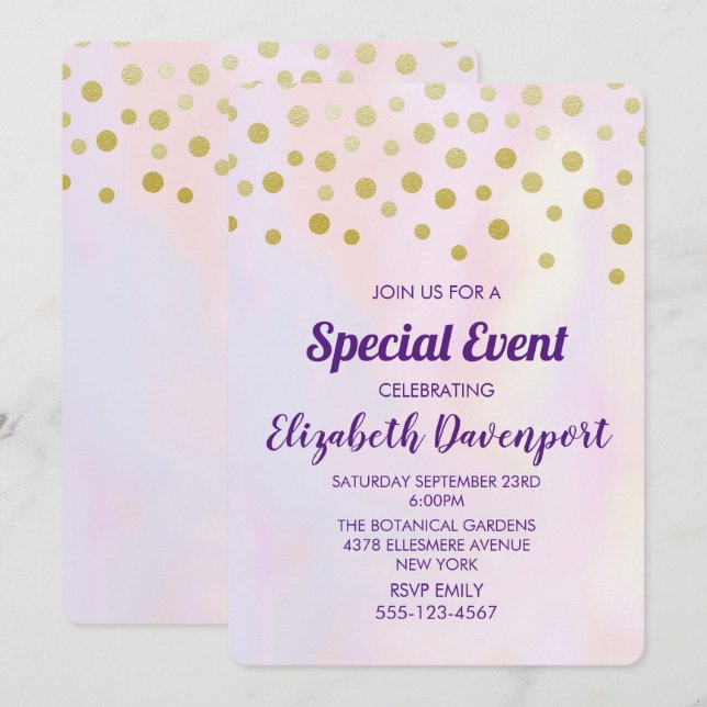 Invitation Confettis dorés faux sur une fête à l'aquarelle vi (Devant / Derrière)