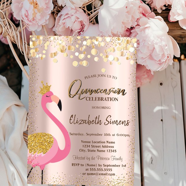 Invitation Confettis dorés Flamant rose Or rose Quinceañera (Créateur téléchargé)