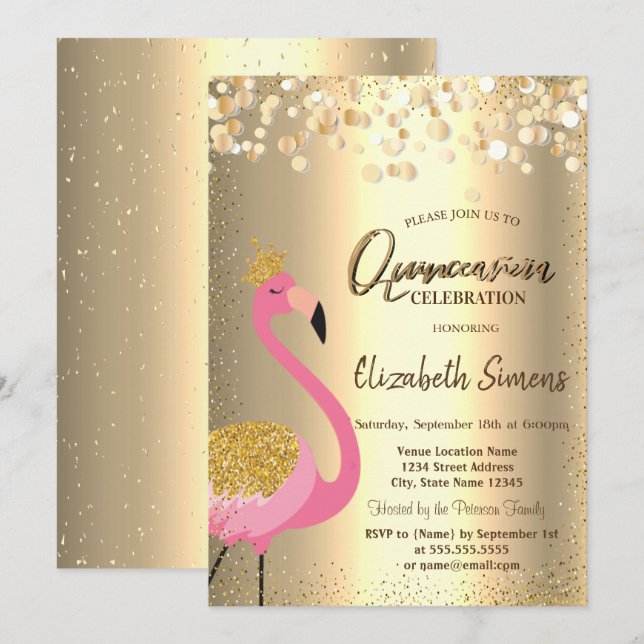 Invitation Confettis dorés,Flamingo rose Quinceañera (Devant / Derrière)
