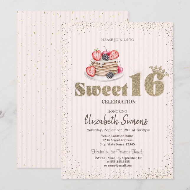 Invitation Confettis dorés,Gâteaux,Stripé Sweet 16  (Devant / Derrière)