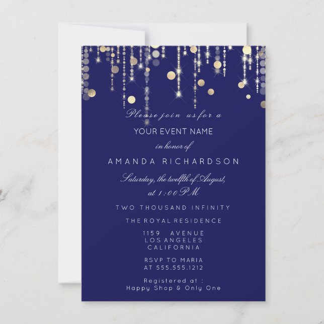 Invitation Confettis dorés Gouttes Anniversaire Mariage Bleu  (Devant)