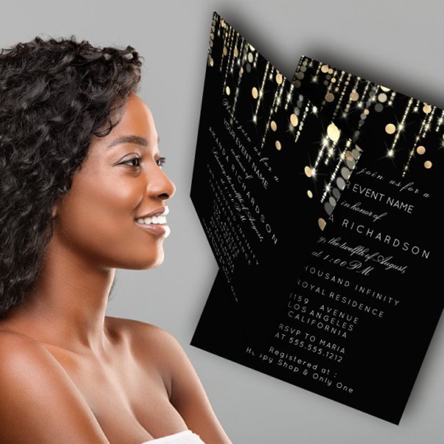 Invitation Confettis dorés Gouttes d'anniversaire Mariage Noi (Gold Confetti Drip Birthday Bridal Black White Invitation)