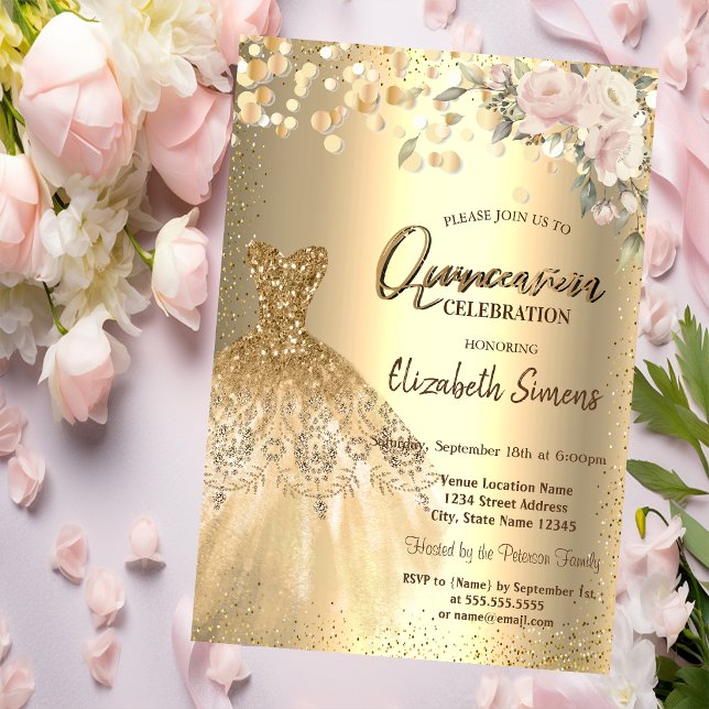 Invitation Confettis dorés points, Robe, Roses Quinceañera  (Créateur téléchargé)