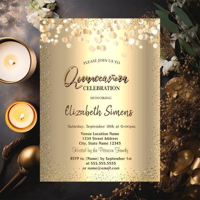 Invitation Confettis dorés Princesse dorée Quinceañera (Créateur téléchargé)