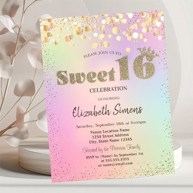 Invitation Confettis dorés Princesse Holographique Sweet 16 (Créateur téléchargé)