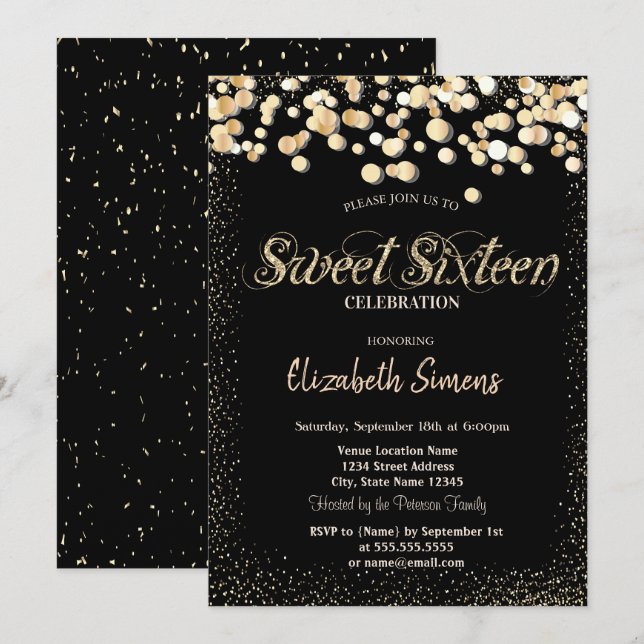 Invitation Confettis dorés Princesse Noir Sweet 16 (Devant / Derrière)