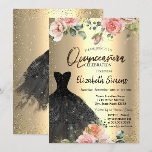 Invitation Confettis dorés,Roses Robe noire Quinceañera 