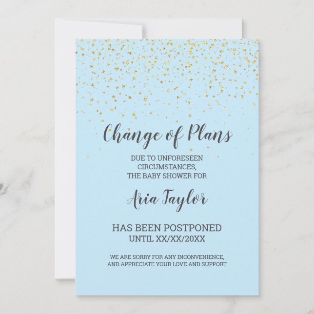 Invitation Confettis dorés sur annonce de changement de plans (Devant)