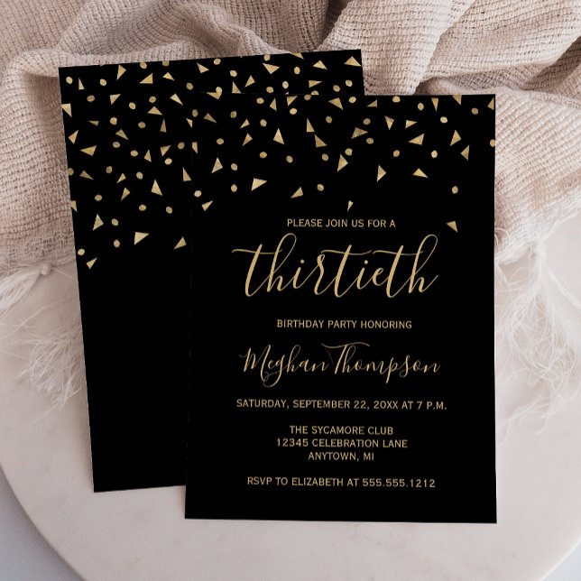 Invitation Confettis dorés sur une fête d'anniversaire noire  (Créateur téléchargé)