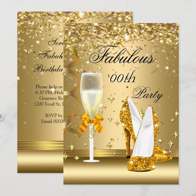 Invitation Confettis dorés Talons Champagne Incroyables Anniv (Devant / Derrière)
