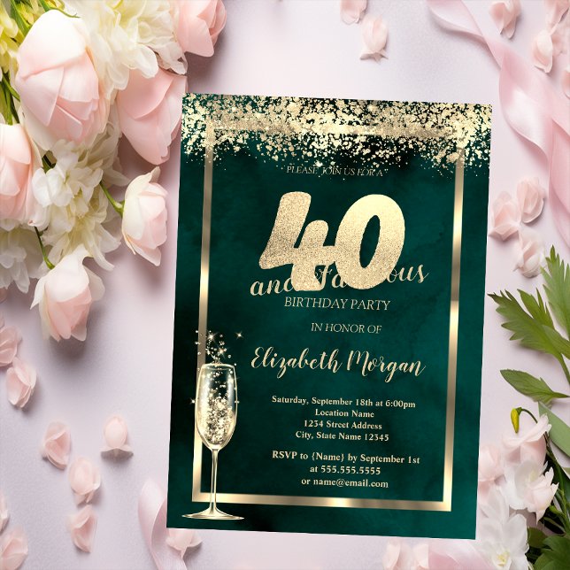 Invitation Confettis dorés Verre à Champagne Vert 40 ans Anni (Créateur téléchargé)