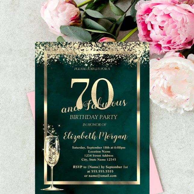 Invitation Confettis dorés Verre à champagne Vert 70 ans Anni (Créateur téléchargé)