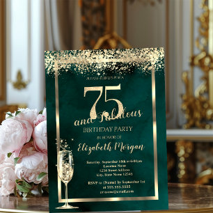 Invitation Confettis dorés Verre à Champagne Vert 75 ans Anni