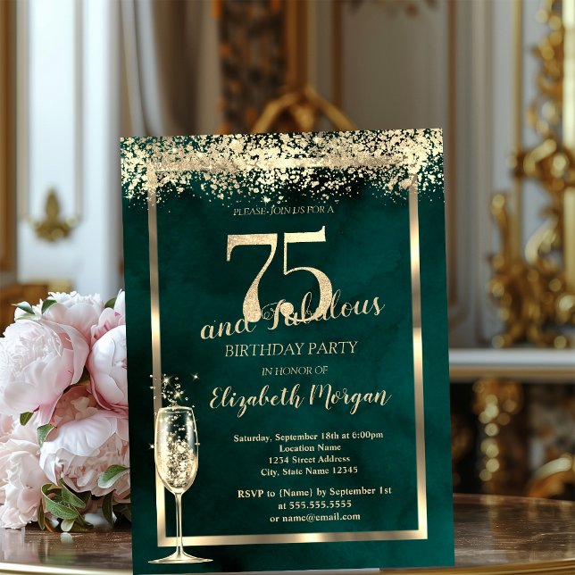 Invitation Confettis dorés Verre à Champagne Vert 75 ans Anni (Créateur téléchargé)