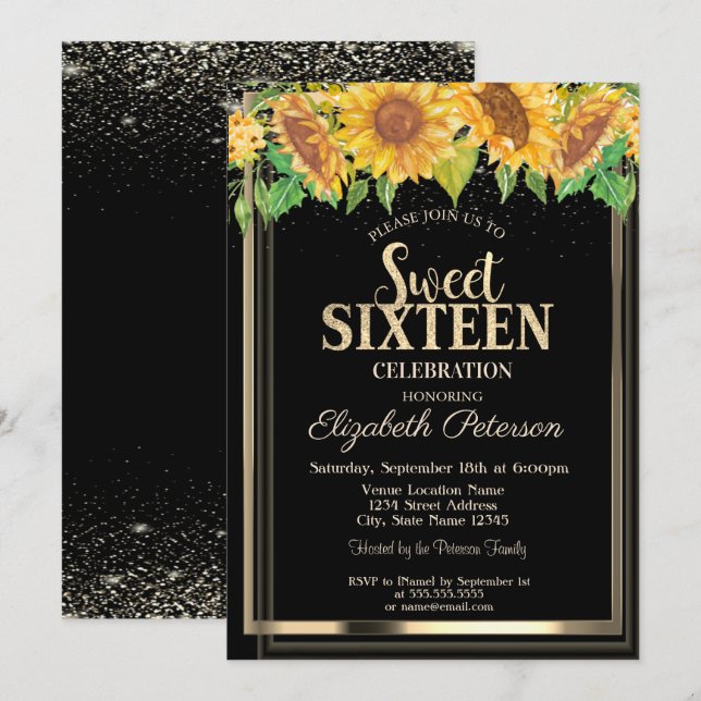Invitation Confettis élégants Fleurs de soleil de cadre d'or  (Devant / Derrière)