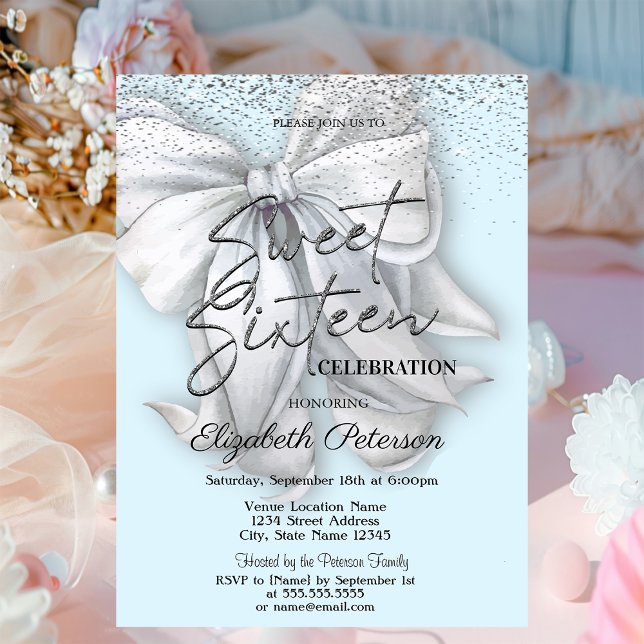 Invitation Confettis élégants Ruban blanc Bleu clair Sweet 16 (Créateur téléchargé)