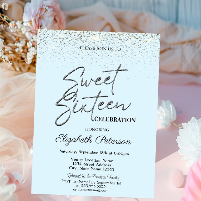 Invitation Confettis élégants simples bleu clair Sweet 16 (Créateur téléchargé)