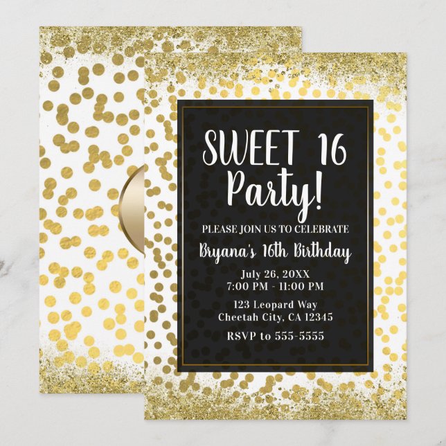 Invitation Confettis en feuille d'or, blanc et noir Fête mode (Devant / Derrière)
