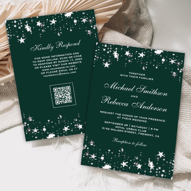 Invitation Confettis étoile argentée Émeraude Vert Code QR Ma (Créateur téléchargé)