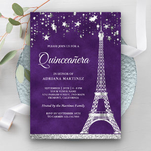Invitation Confettis Étoiles Tour Eiffel Argent Quinceanera