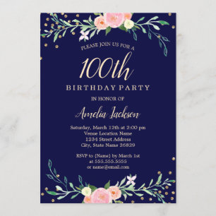 Invitation Confettis Fleuris Sucrés Navy Étincelle 100e Anniv