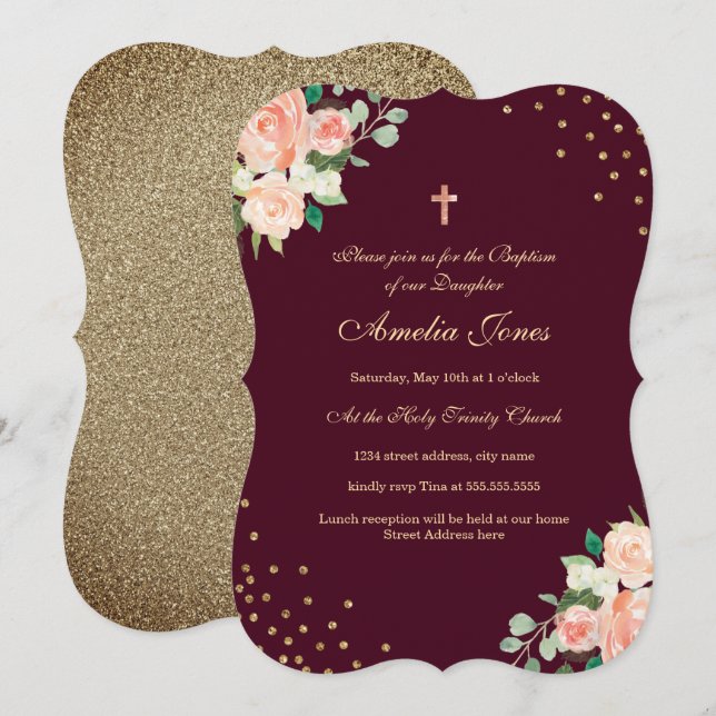 Invitation Confettis Floraux Or Bourgogne Baptême (Devant / Derrière)