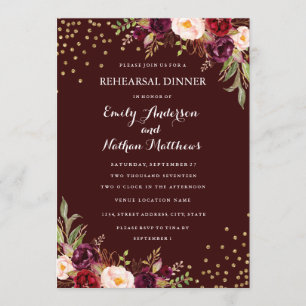 Invitation Confettis Floraux Or Bourgogne Dîner de Répétition