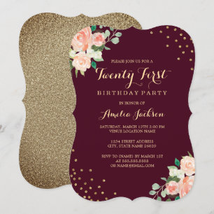 Invitation Confettis Floraux Or Bourgogne pour Anniversaire 2