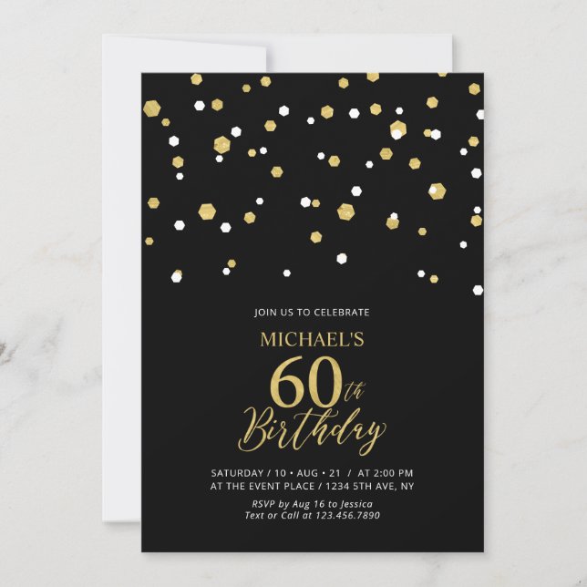 Invitation Confettis Hexagone Noir et Or pour les 60 ans (Devant)