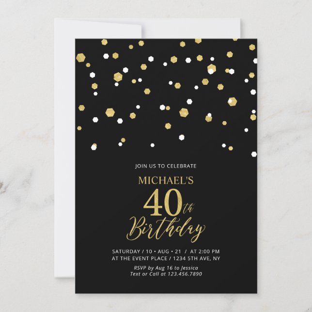 Invitation Confettis Hexagone Noir & Or 40ème Anniversaire (Devant)