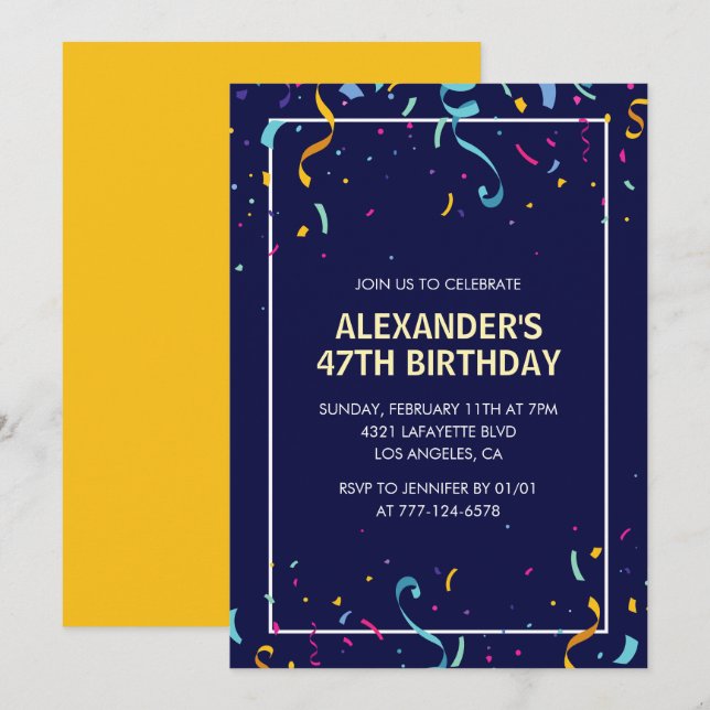 Invitation Confettis Hommes Simple Moderne 47ème anniversaire (Devant / Derrière)
