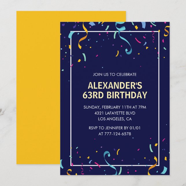 Invitation Confettis Hommes Simple Moderne 63e anniversaire (Devant / Derrière)