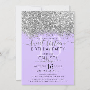 Invitation Confettis Luxueux Argent Violet Pailletés Sweet 16