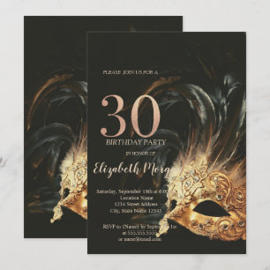 Invitation Confettis Masque Noir Élégant 30ème