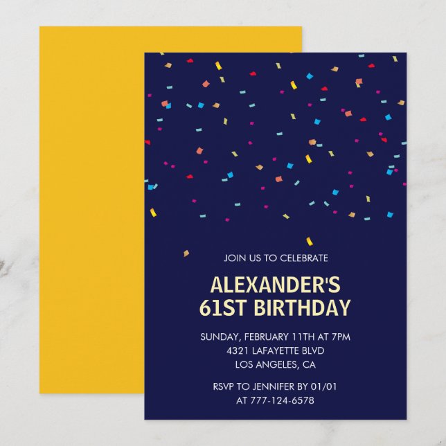 Invitation Confettis modernes bleu marine Hommes 61e annivers (Devant / Derrière)