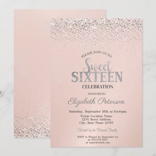 Invitation Confettis modernes élégants pour un Sweet 16 (Devant / Derrière)