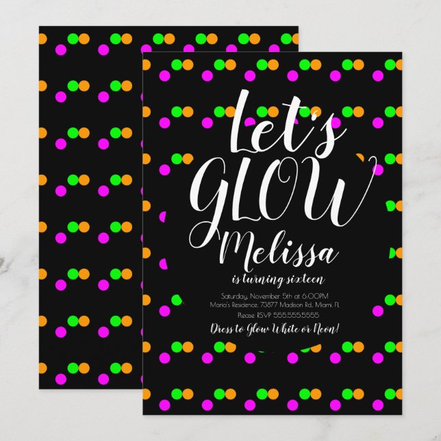 Invitation Confettis Néon Anniversaire Lumineux Dans Le Noir  (Devant / Derrière)