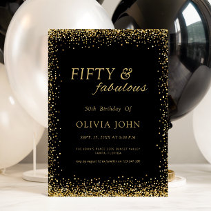 Invitation Confettis Noir et Or Cinquante ans et Merveilleuse