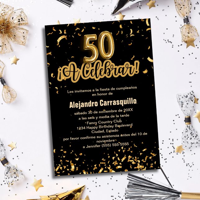 Invitation Confettis Noir et Or Fancy Espagnol 50ème Annivers (Créateur téléchargé)