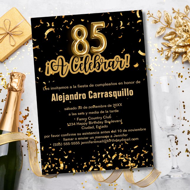 Invitation Confettis Noir et Or Fancy Espagnol 85ème Annivers (Créateur téléchargé)