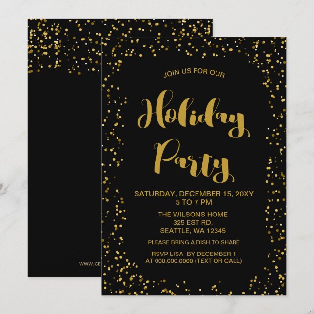 Invitation Confettis noir et or Fête moderne de vacances (Devant / Derrière)