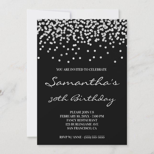 Invitation Confettis Noir Pâle Argenté Brillants (Devant)